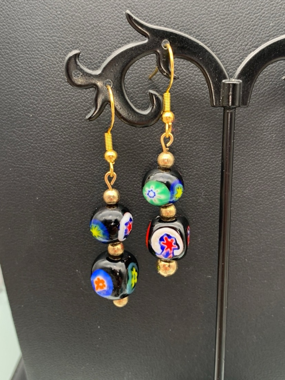 Handmade Black Millefiori Glass Bead Dangle Earrings